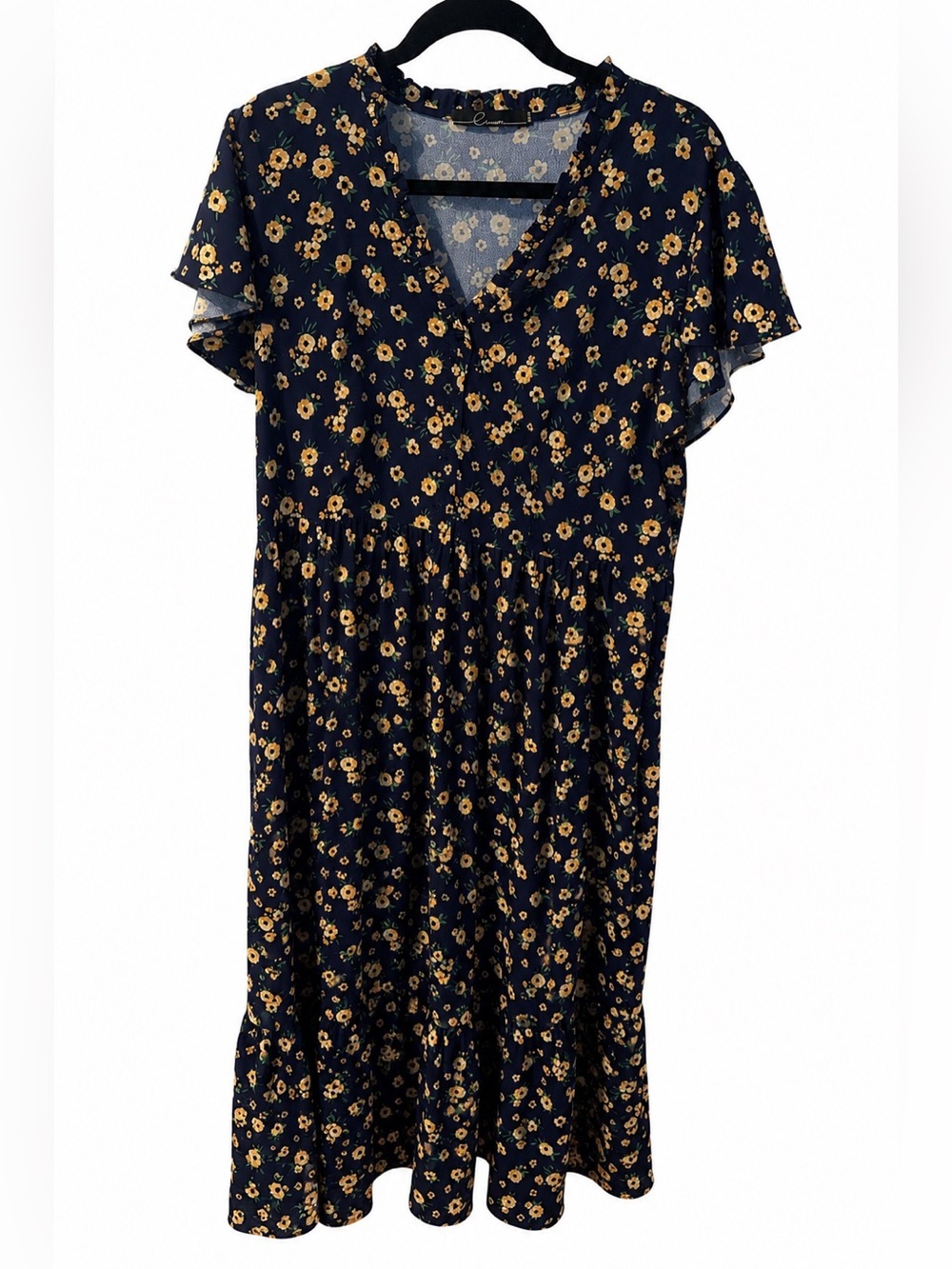 Crimson Floral Midi Dress Womens L Navy Blue Yellow Floral Ruffle Sleeve Boho